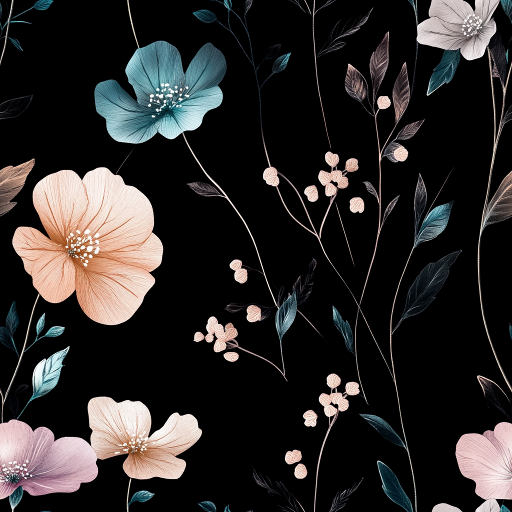 Floral pattern with pink, blue, and purple flowers on a black background
