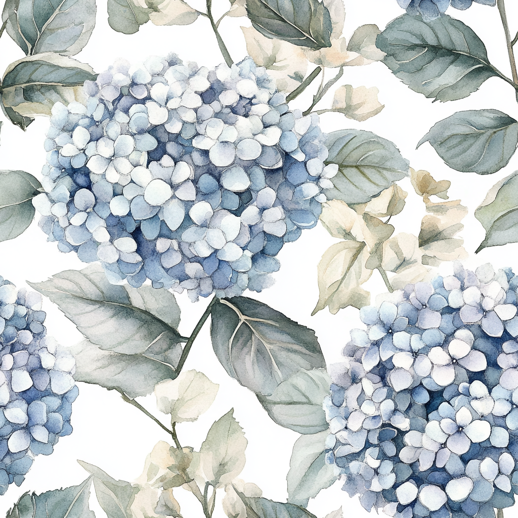 Pattern of blue hydrangea flowers and green leaves on a white background