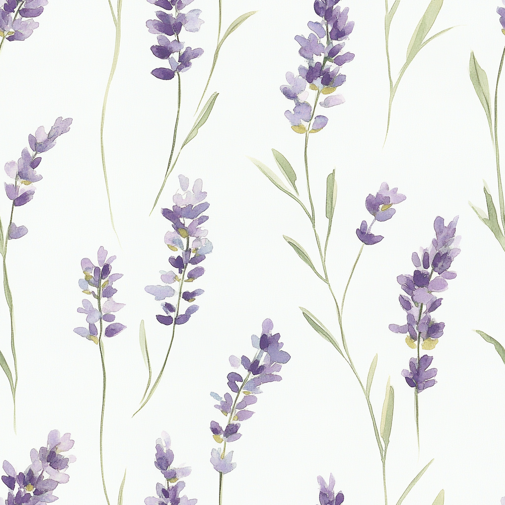 Pattern of purple lavender flowers on a white background