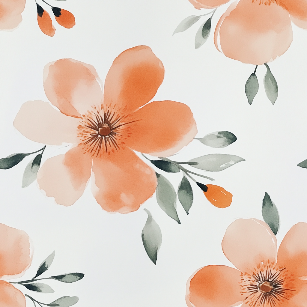 Pattern of orange flowers with green leaves on a light background
