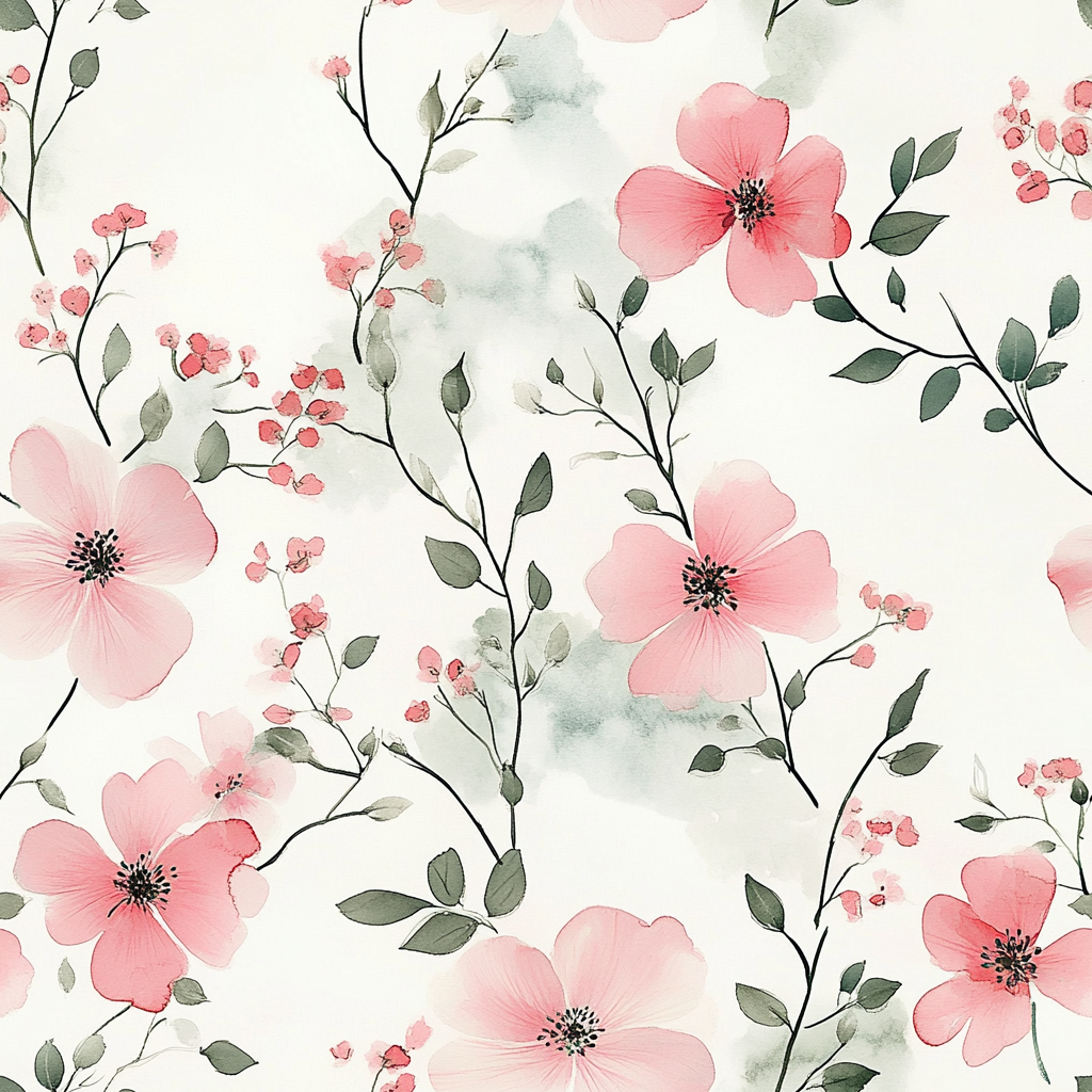 Pattern of pink flowers and green leaves on a light background