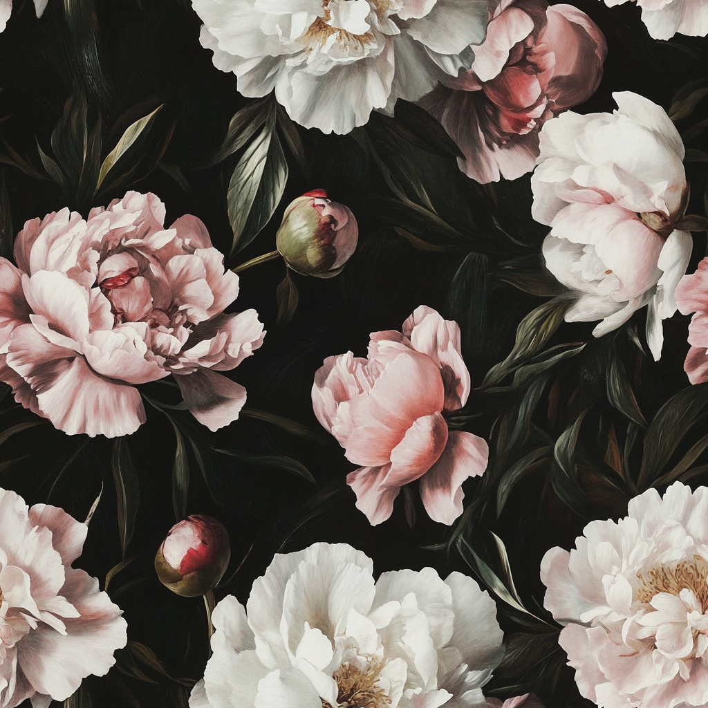 Pattern of pink and white flowers on a dark background