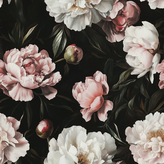 Pattern of pink and white flowers on a dark background