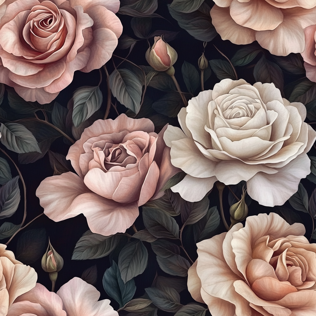 Pattern of pink and white roses with green leaves on a dark background