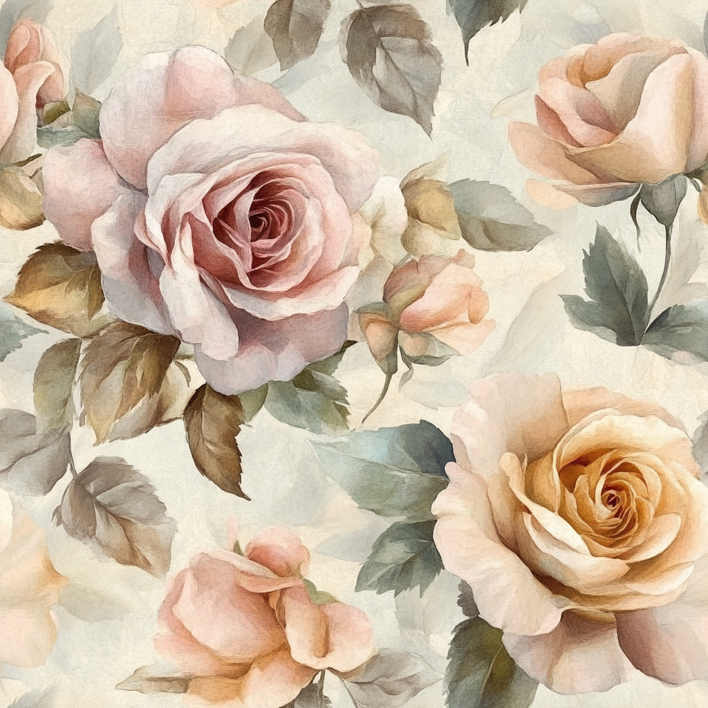 Pattern of pink and peach roses with green leaves on a light background
